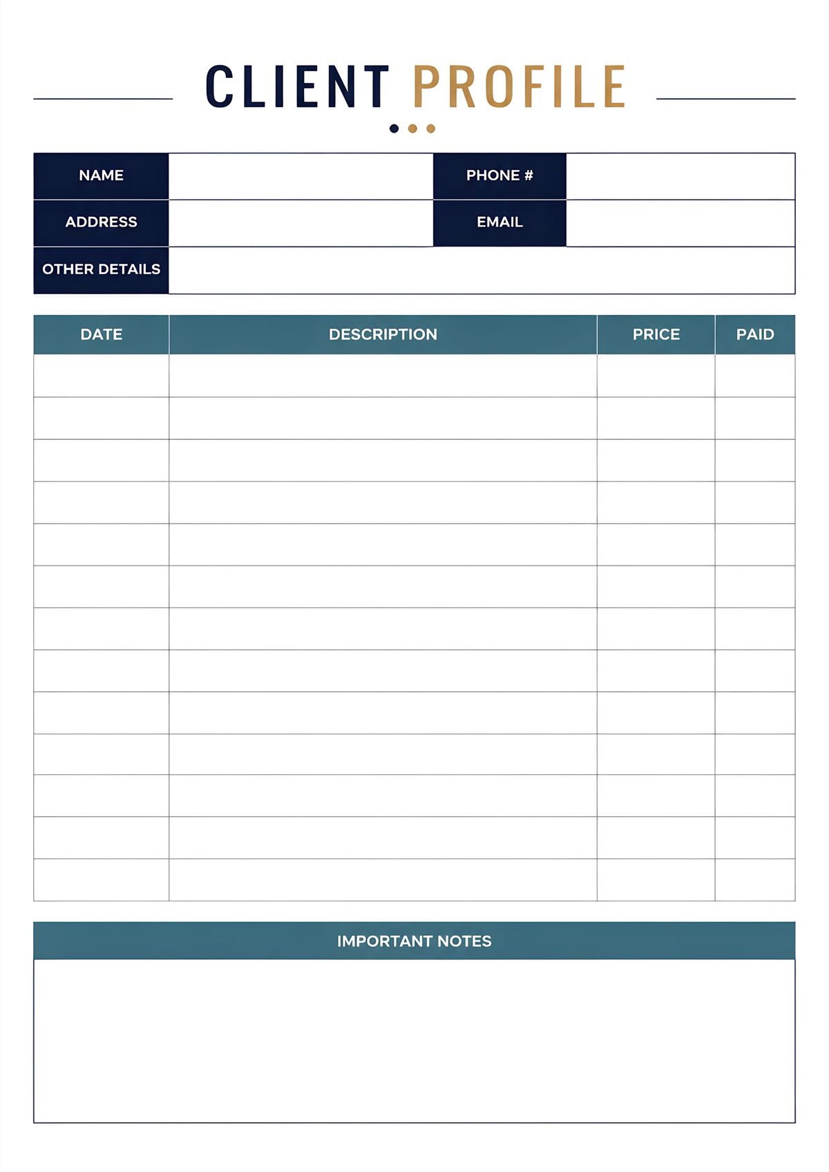 Printable client profile template featuring customer information, service records, payment tracking, and an important notes section for business management.