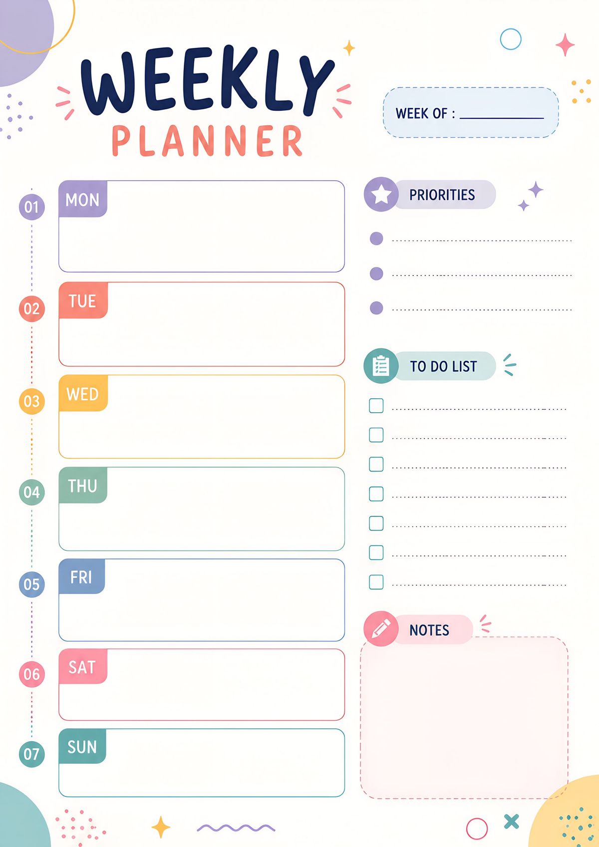 Pastel weekly planner printable featuring daily planning sections, priorities, a to-do list, and notes for weekly organization.