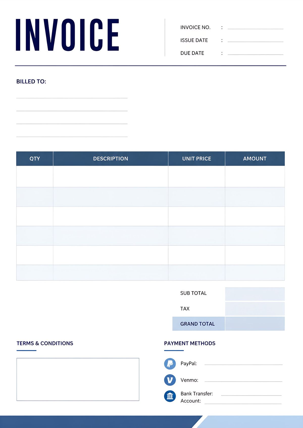 Professional corporate invoice template with billing information, payment methods, pricing table, and terms section.