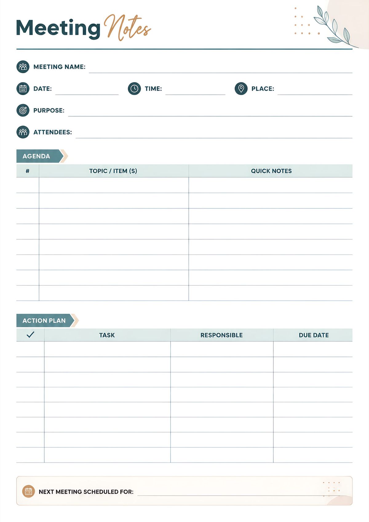 Printable business meeting notes template with agenda, attendees, action plan, quick notes, responsibilities, due dates, and next meeting schedule.