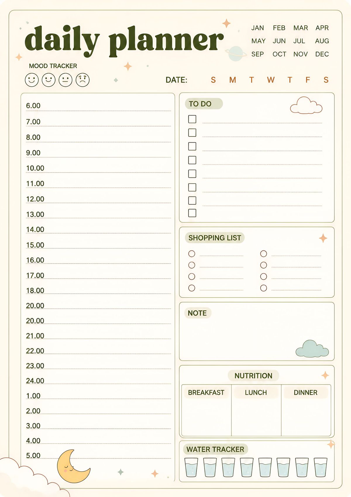 A minimal daily planner printable featuring an hourly schedule, task list, shopping list, meal planner, notes, and water tracker.