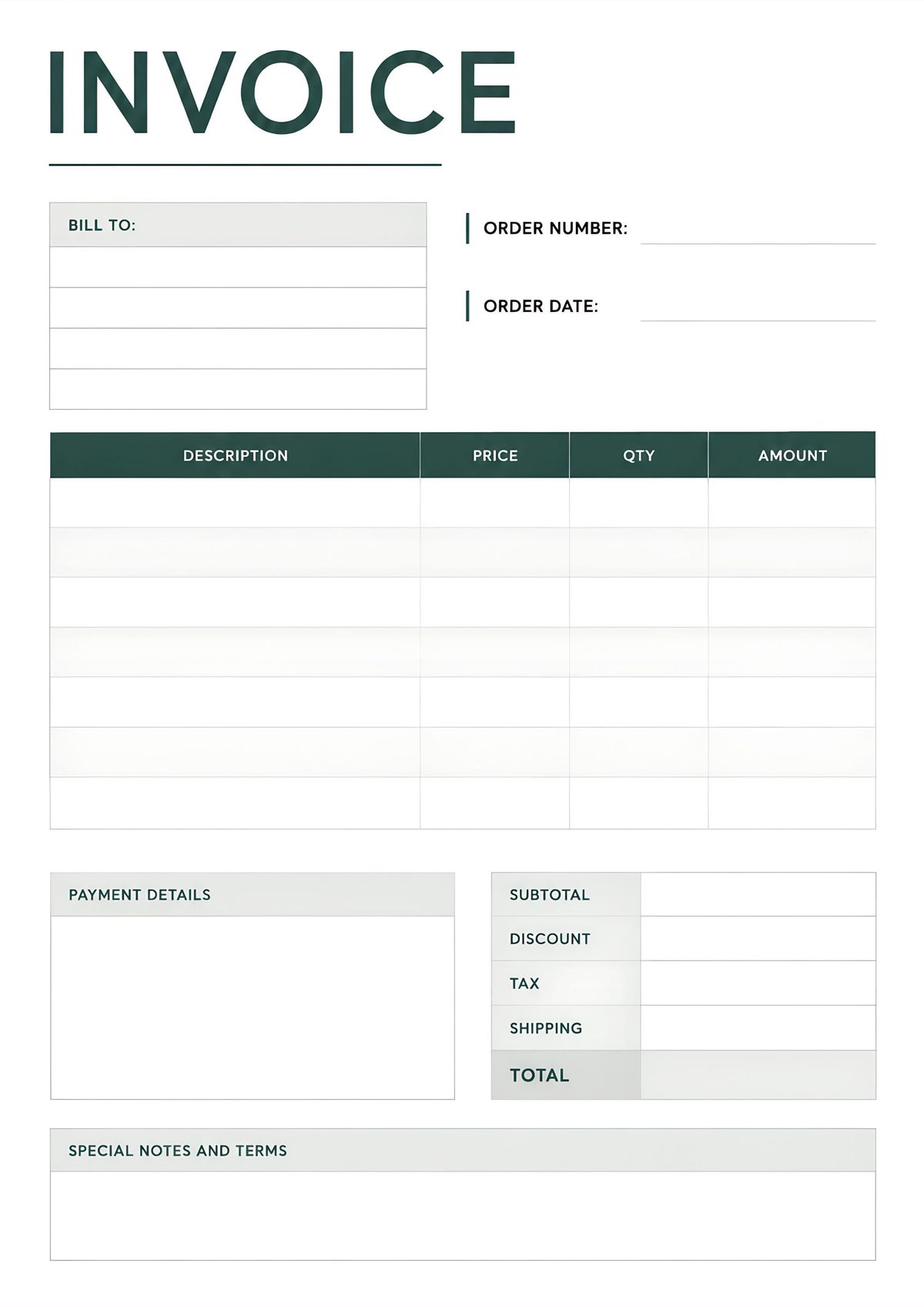 Printable custom business invoice template with billing details, order information, payment summary, and special notes section.