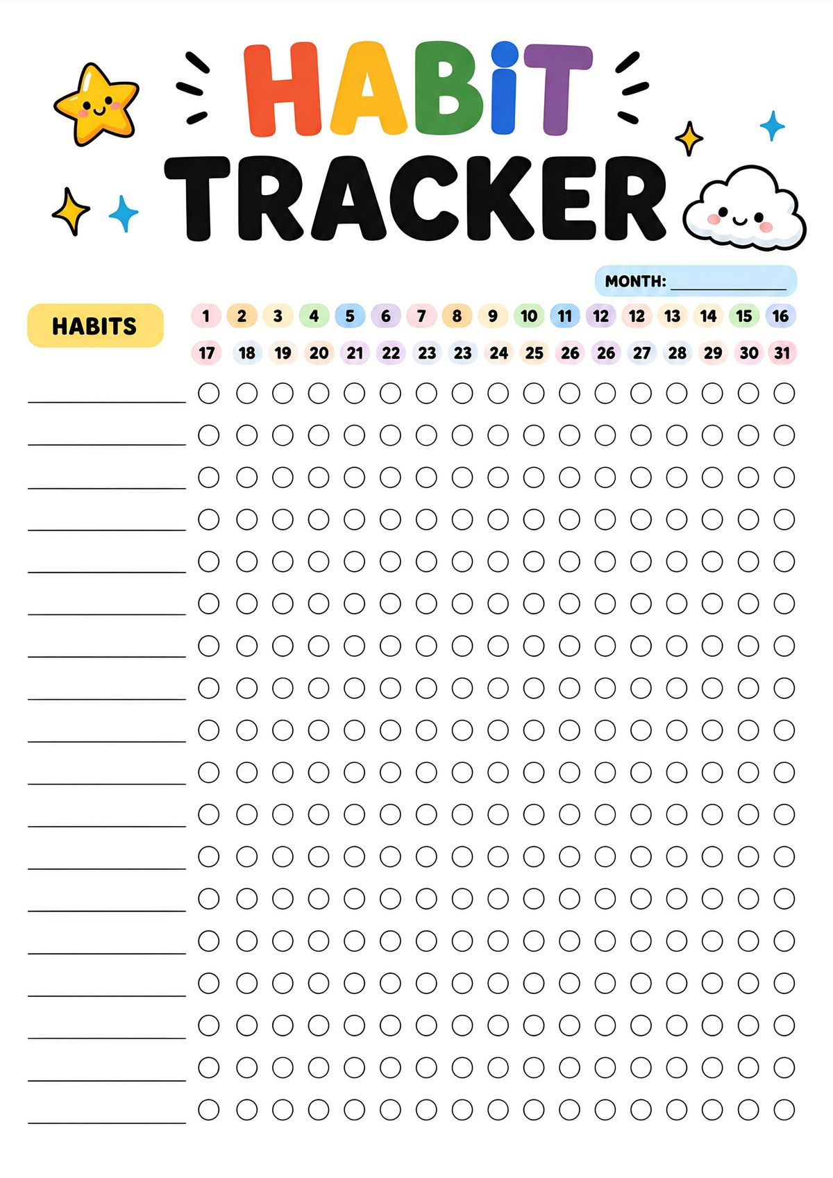 Cute monthly habit tracker printable featuring colorful day markers, 31-day progress circles, and a playful design for kids, students, and everyday habit building.