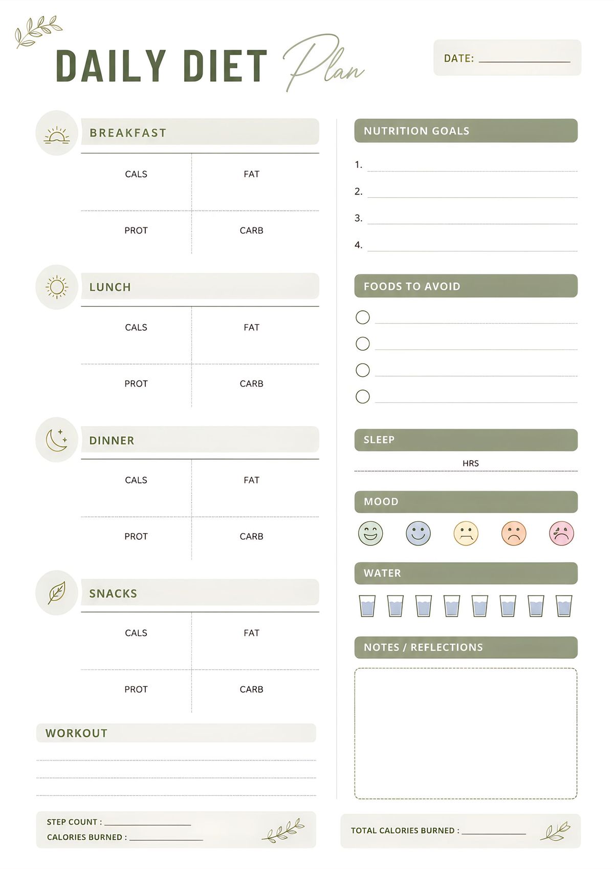 A minimalist daily diet planner printable for tracking meals, calories, nutrition goals, hydration, workouts, sleep, and daily wellness.
