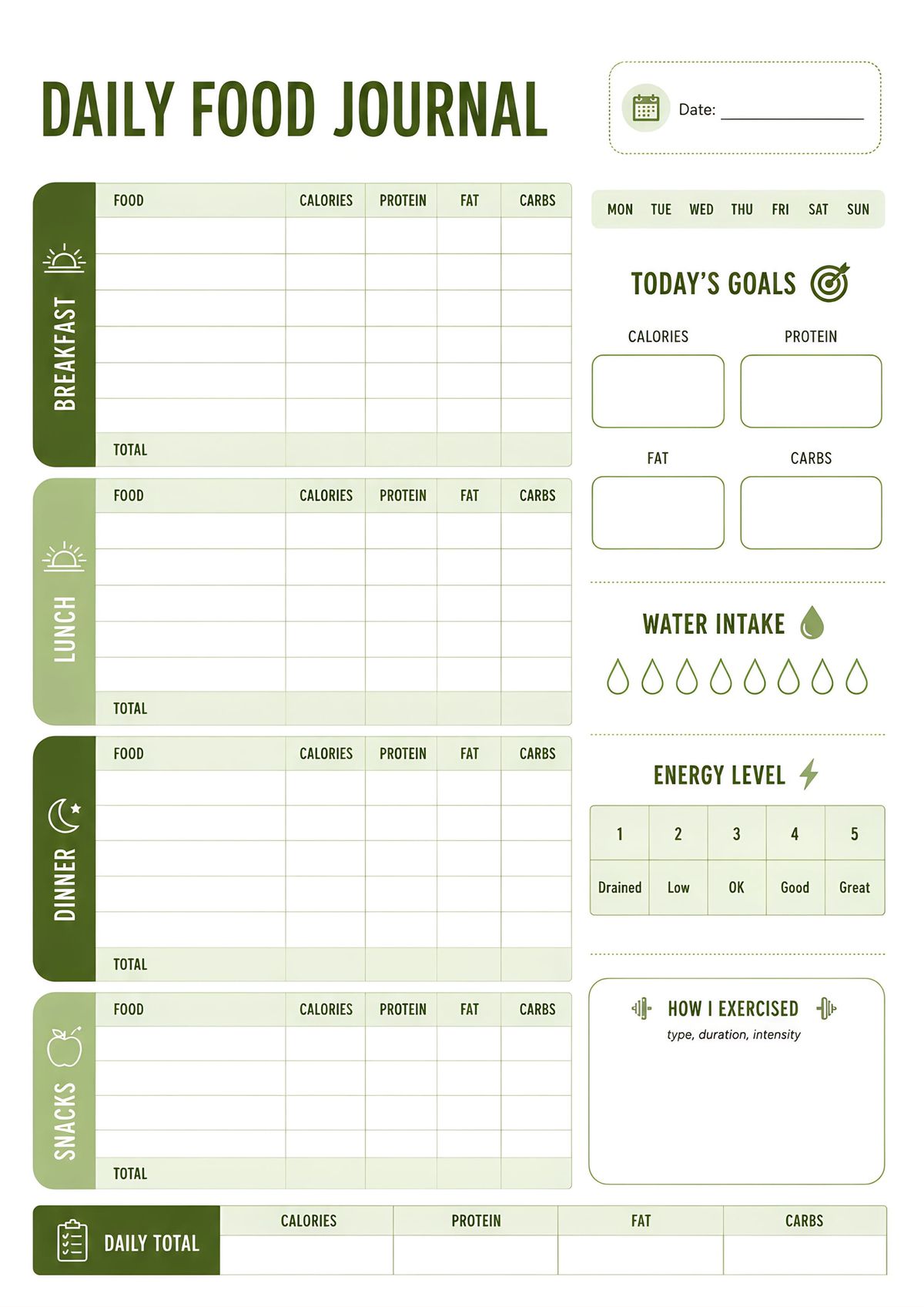 Printable daily food journal featuring meal tracking for breakfast, lunch, dinner, snacks, nutrition goals, water intake, energy level, exercise log, and daily nutrition totals.