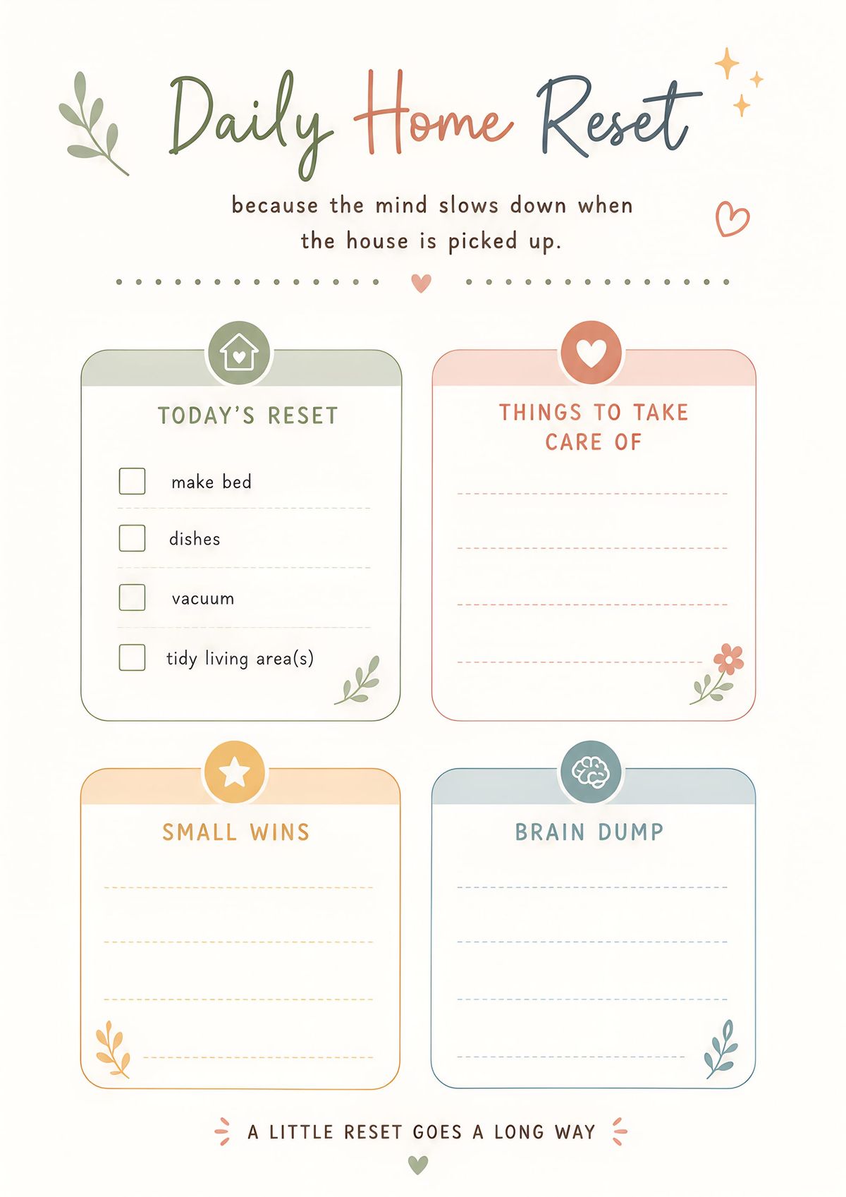 Printable daily home reset planner with household checklist, priority tasks, brain dump section, and daily reflection for maintaining an organized home.