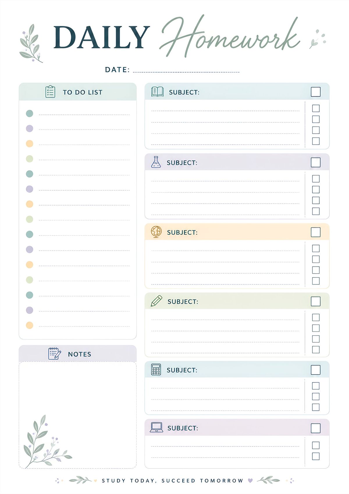 Printable daily homework planner featuring subject sections, task checklist, to-do list, and notes for school organization.
