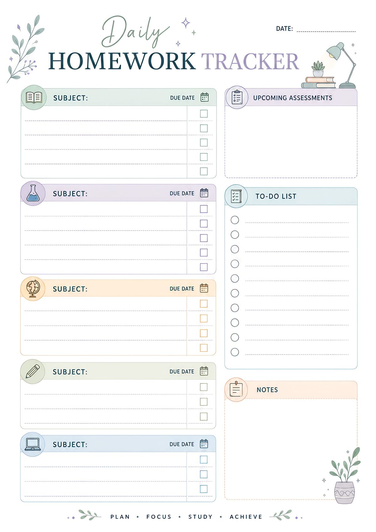 A printable daily homework tracker designed to organize school assignments, due dates, assessments, and study notes.