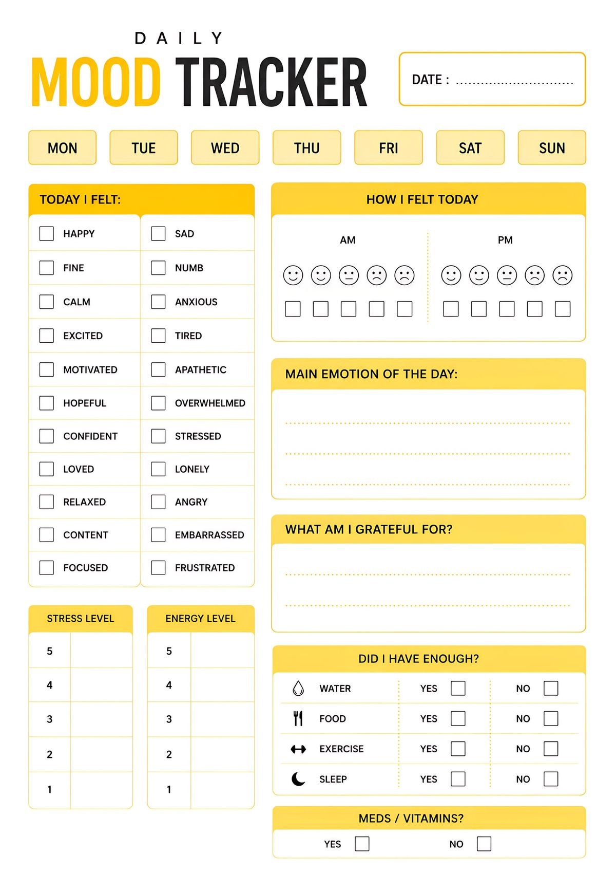 Printable daily mood tracker with emotion checklist, stress and energy levels, gratitude journal, and wellness habit tracker.