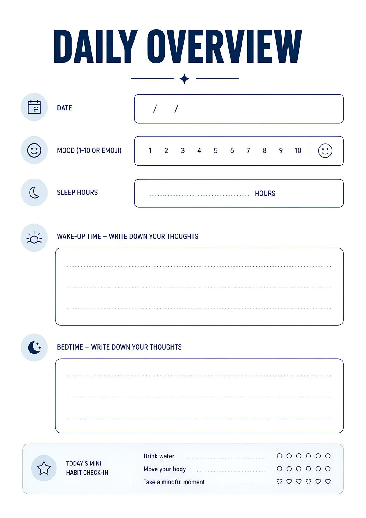 Minimalist daily overview planner printable with mood tracker, sleep log, morning and evening reflection sections, and mini habit tracker.