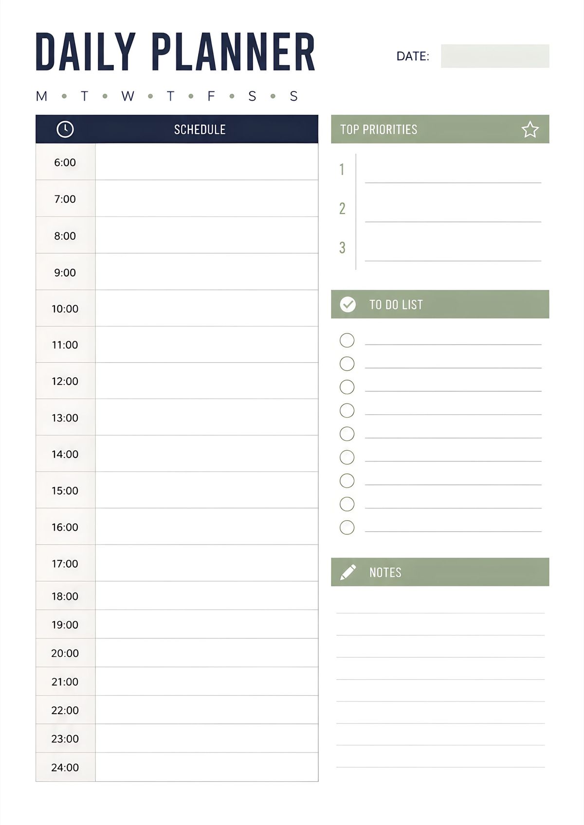 Printable daily productivity planner with hourly schedule, top priorities, to-do list, notes section, weekday selector, and date field for effective daily planning.