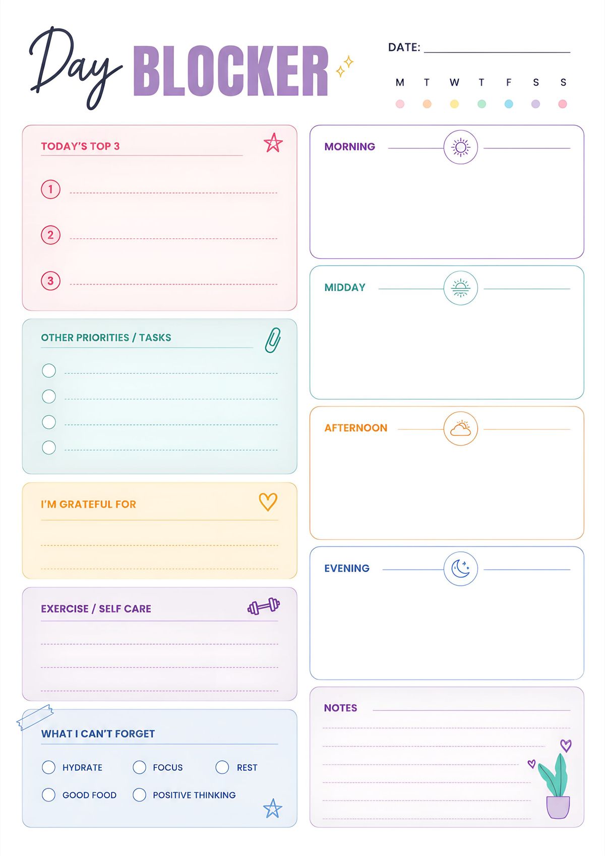 Printable daily time block planner with schedule blocks, priorities, gratitude section, self-care tracker, and notes.