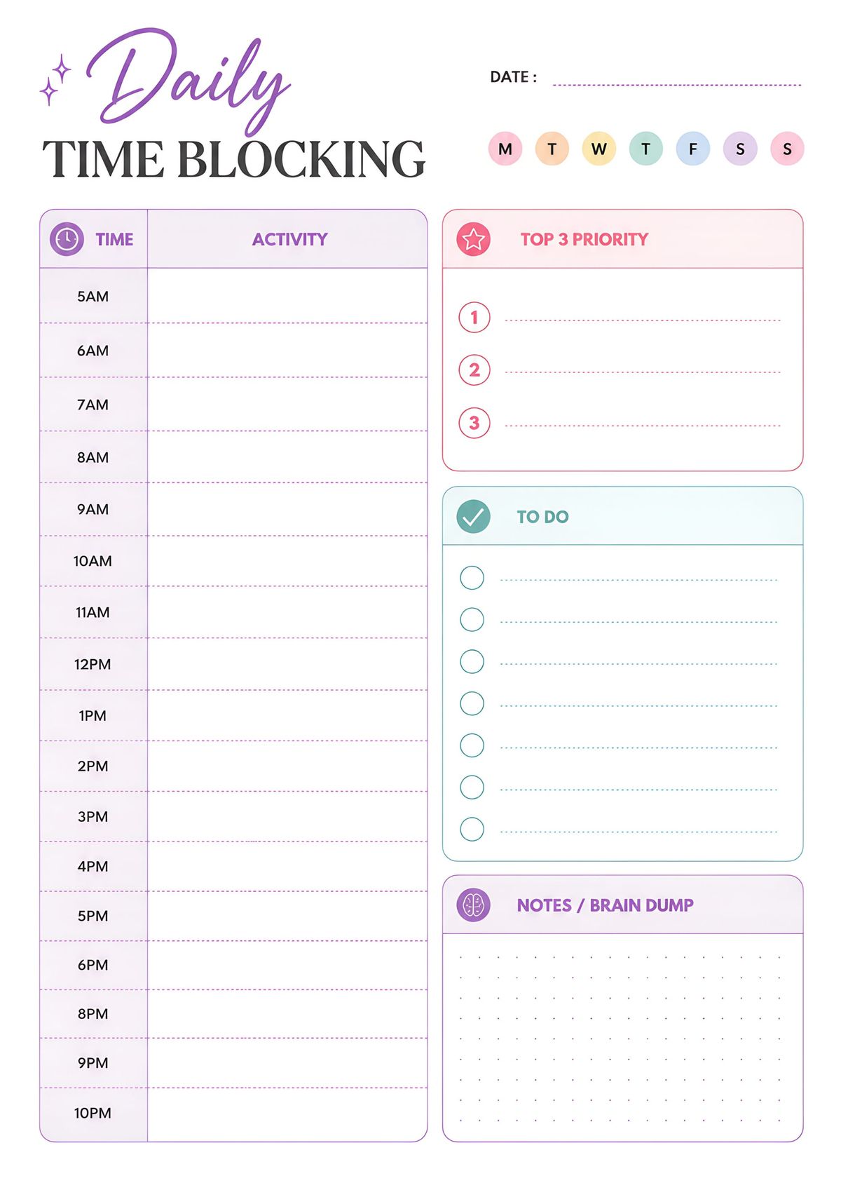 A minimalist daily time blocking planner designed to organize schedules, priorities, and daily tasks.