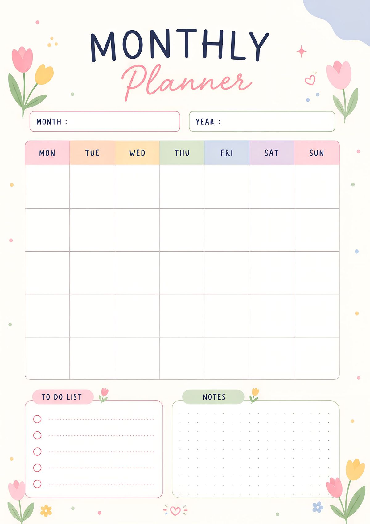 A pastel monthly planner printable featuring a clean calendar layout, notes, and a to-do list for monthly organization.