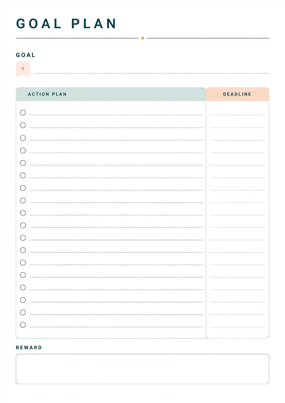 Printable goal action planning worksheet with goal section, action plan checklist, deadline tracker, and reward area for personal, academic, or business planning.