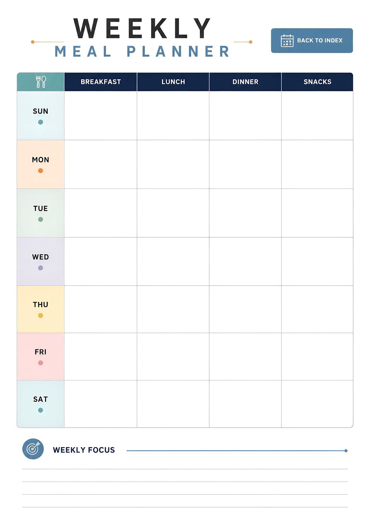 Printable healthy weekly meal planner featuring sections for breakfast, lunch, dinner, snacks, and a weekly focus area for meal planning and nutrition goals.