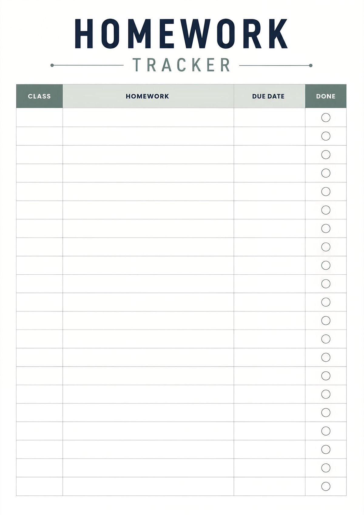 Minimal homework tracker printable designed to help students organize assignments, classes, and due dates.