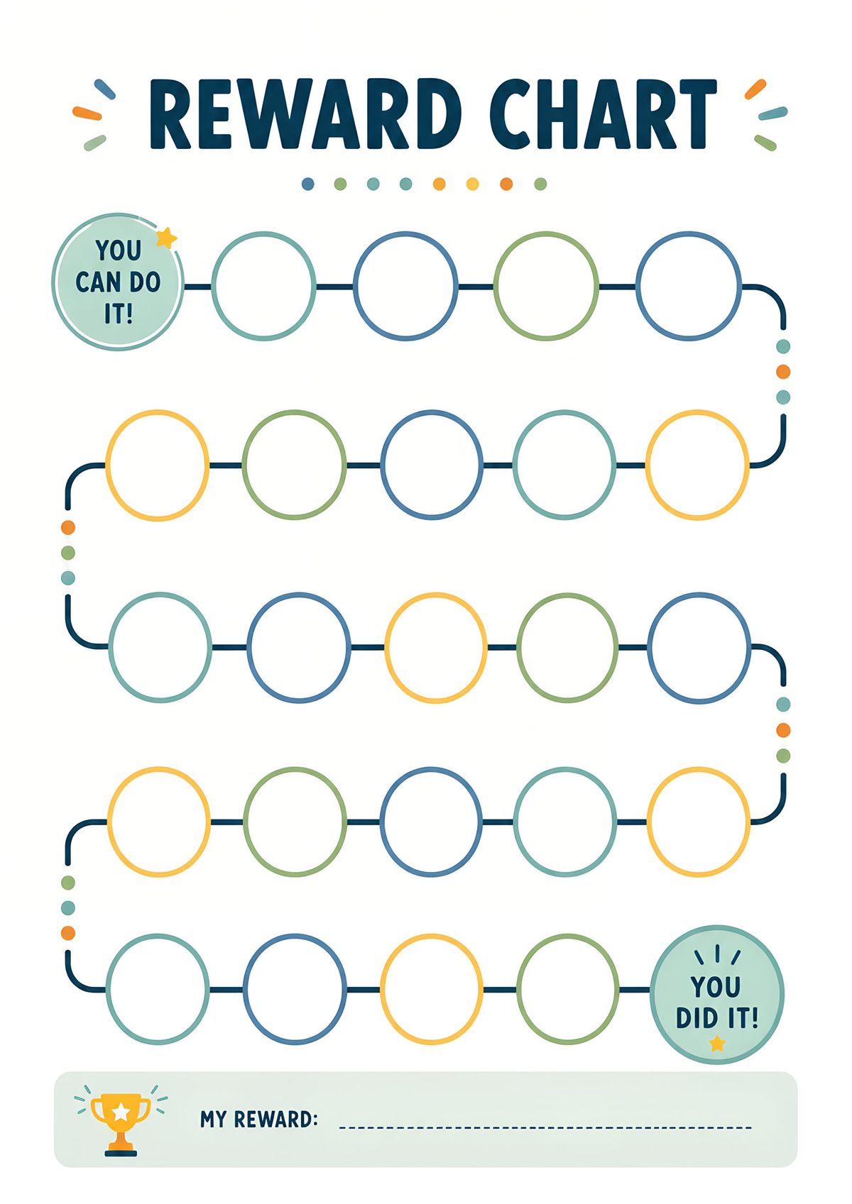Printable kids reward chart with a colorful milestone path, achievement circles, and reward section for encouraging positive behavior and daily habits.