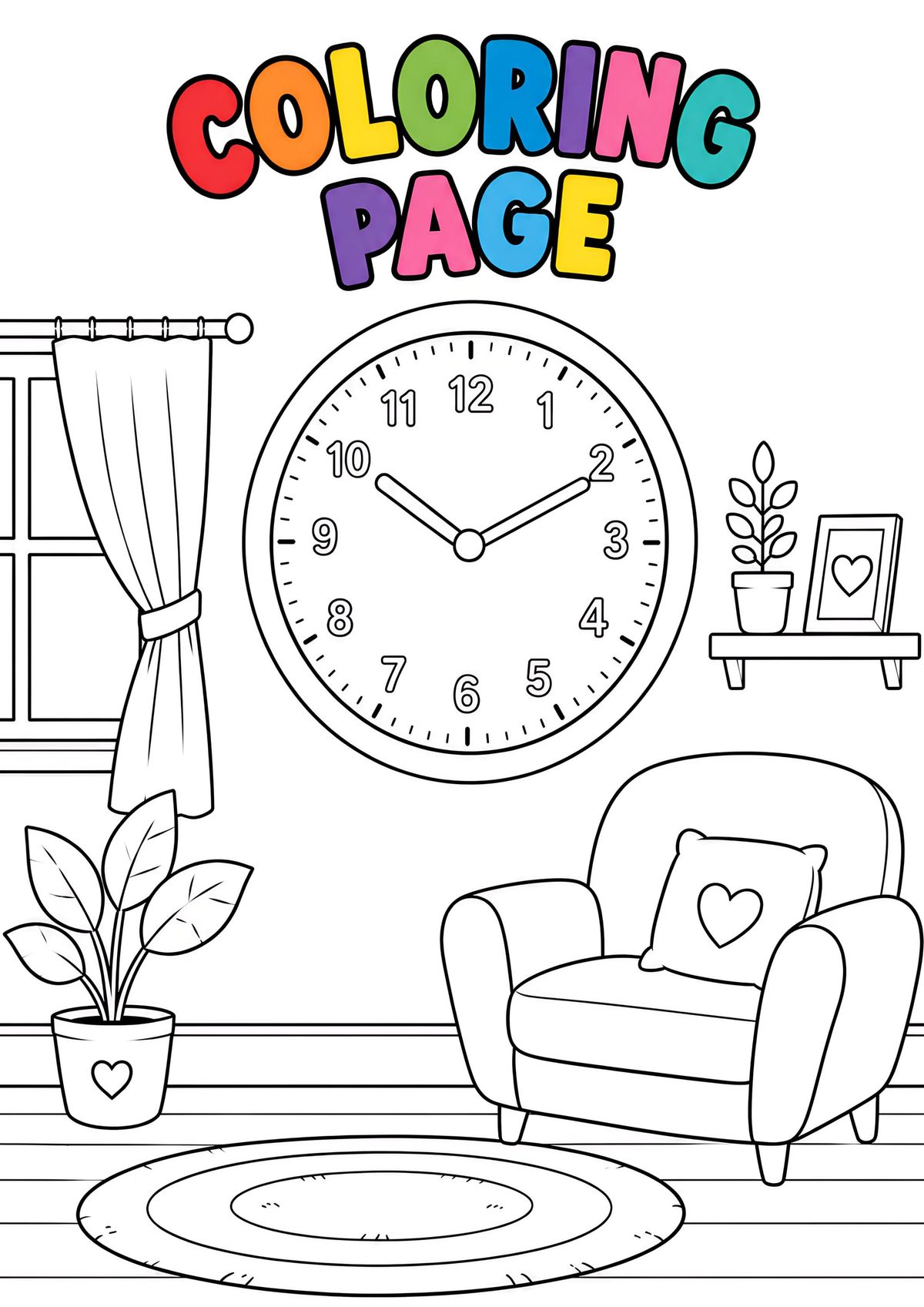 Printable living room coloring page with a cozy interior scene featuring a clock, armchair, plants, window, and decorative shelf.