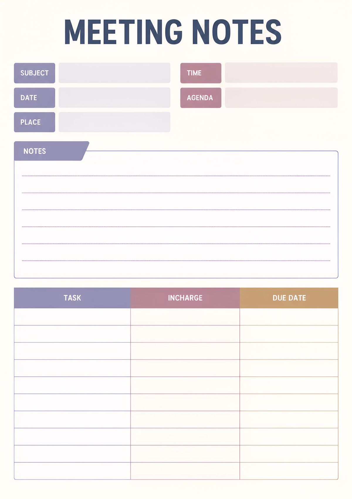 Printable meeting notes organizer featuring sections for subject, date, time, agenda, discussion notes, task assignments, responsible persons, and due dates.