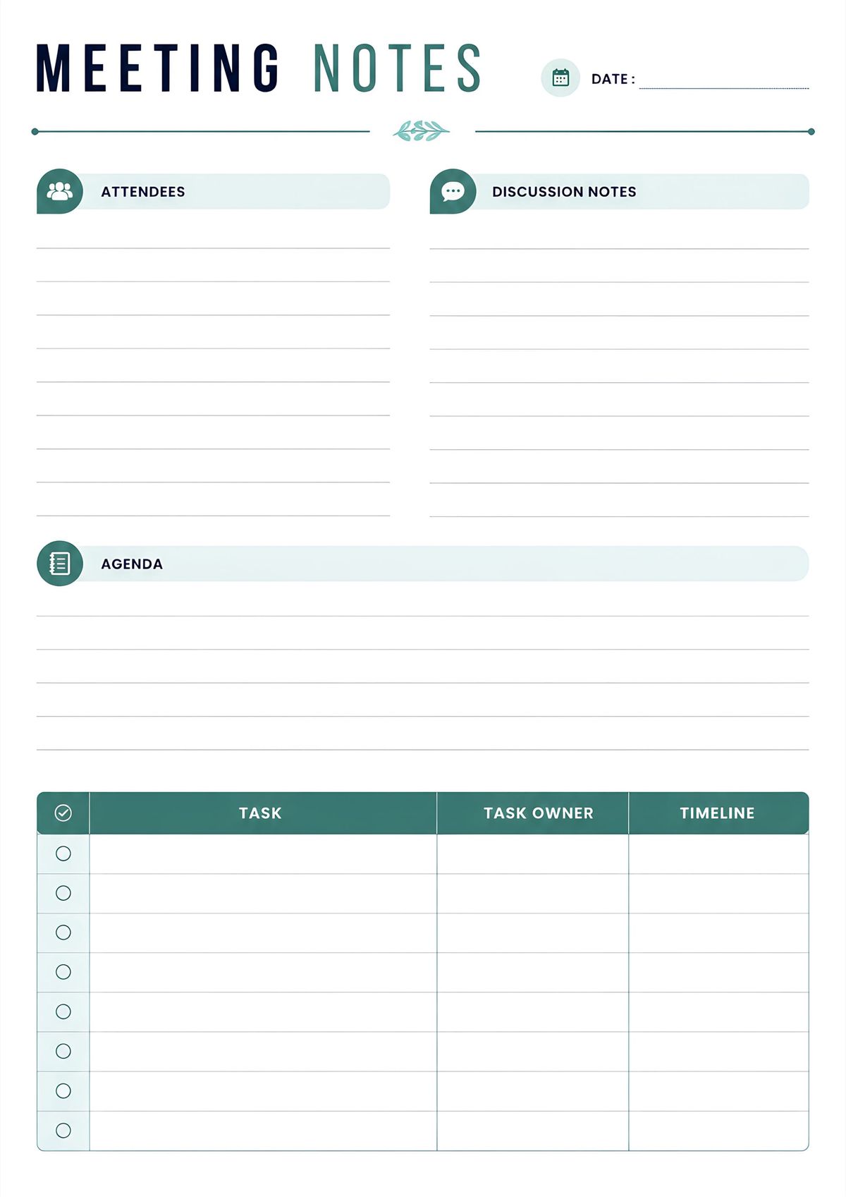 Printable meeting notes template featuring attendees, discussion notes, agenda, action items, task owners, and timeline tracker.