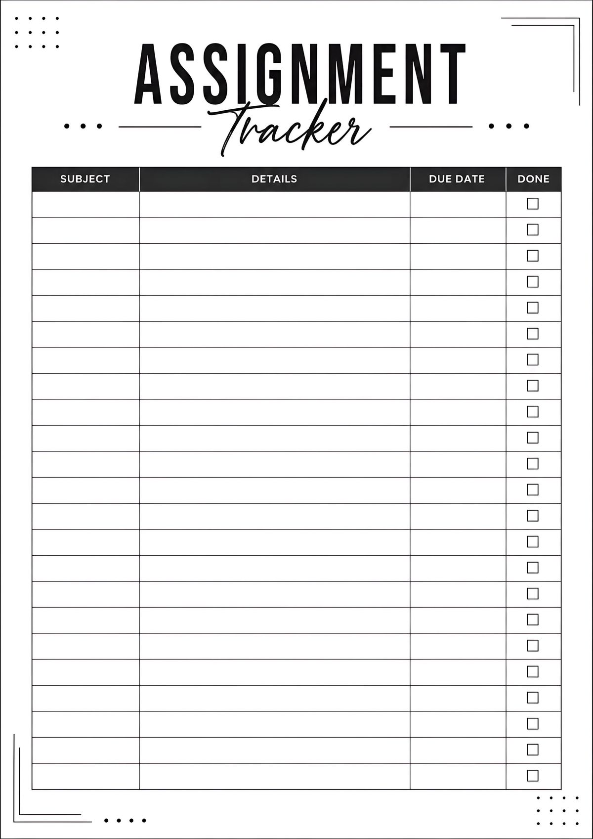 Minimal printable assignment tracker featuring subject, assignment details, due date, and completion checkbox columns.