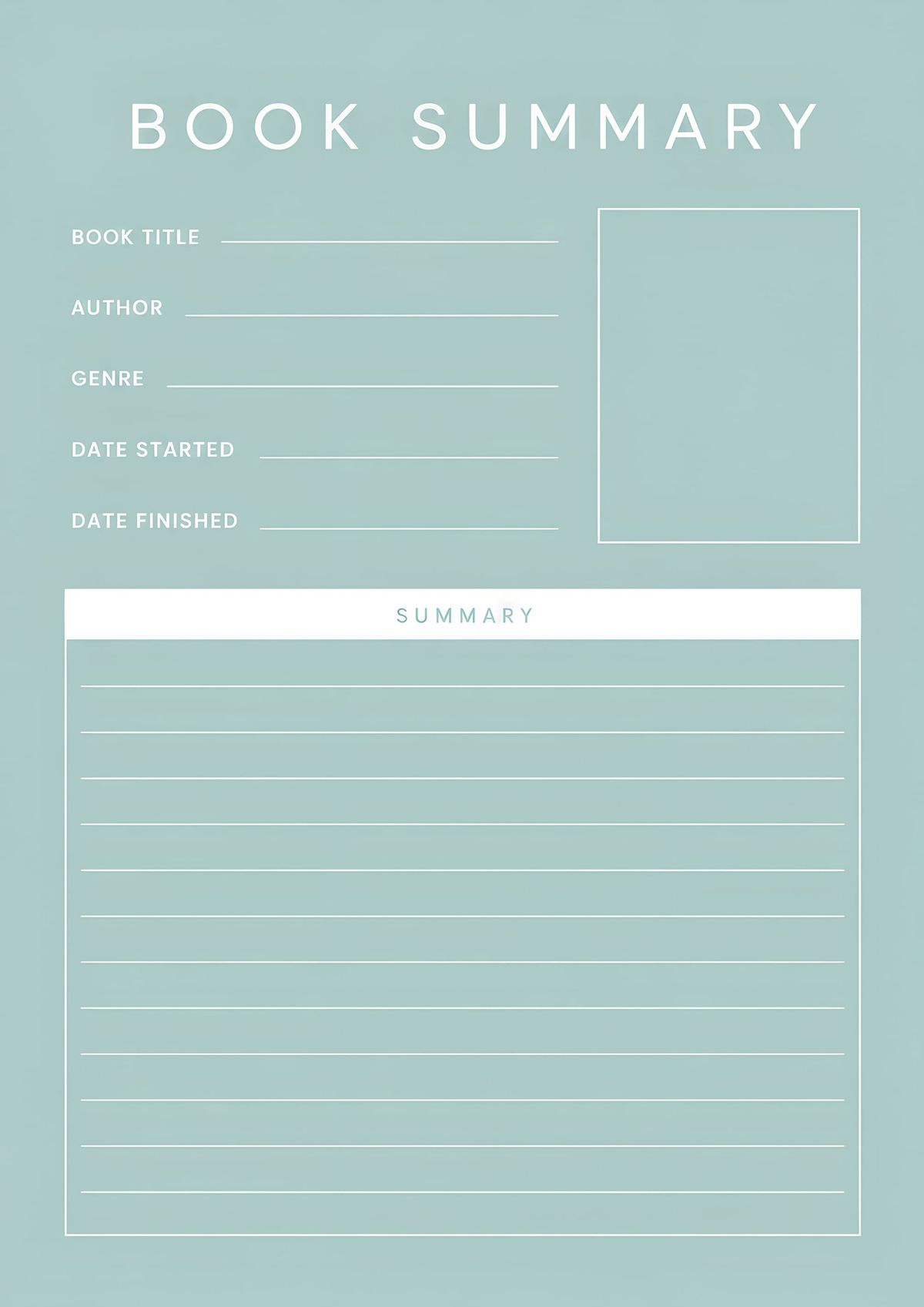 Printable minimal book summary template featuring sections for book information, reading dates, book cover, and a spacious summary writing area.