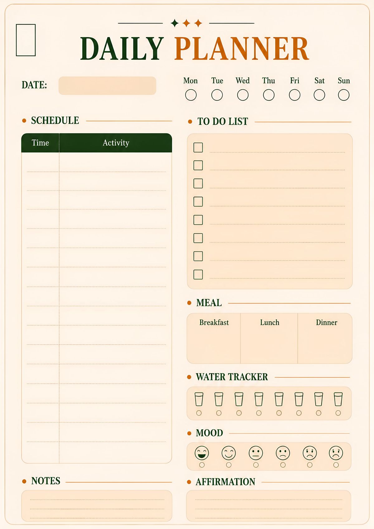 Printable minimal daily planner with schedule, to-do checklist, meal planner, water tracker, mood tracker, notes, and affirmation section.