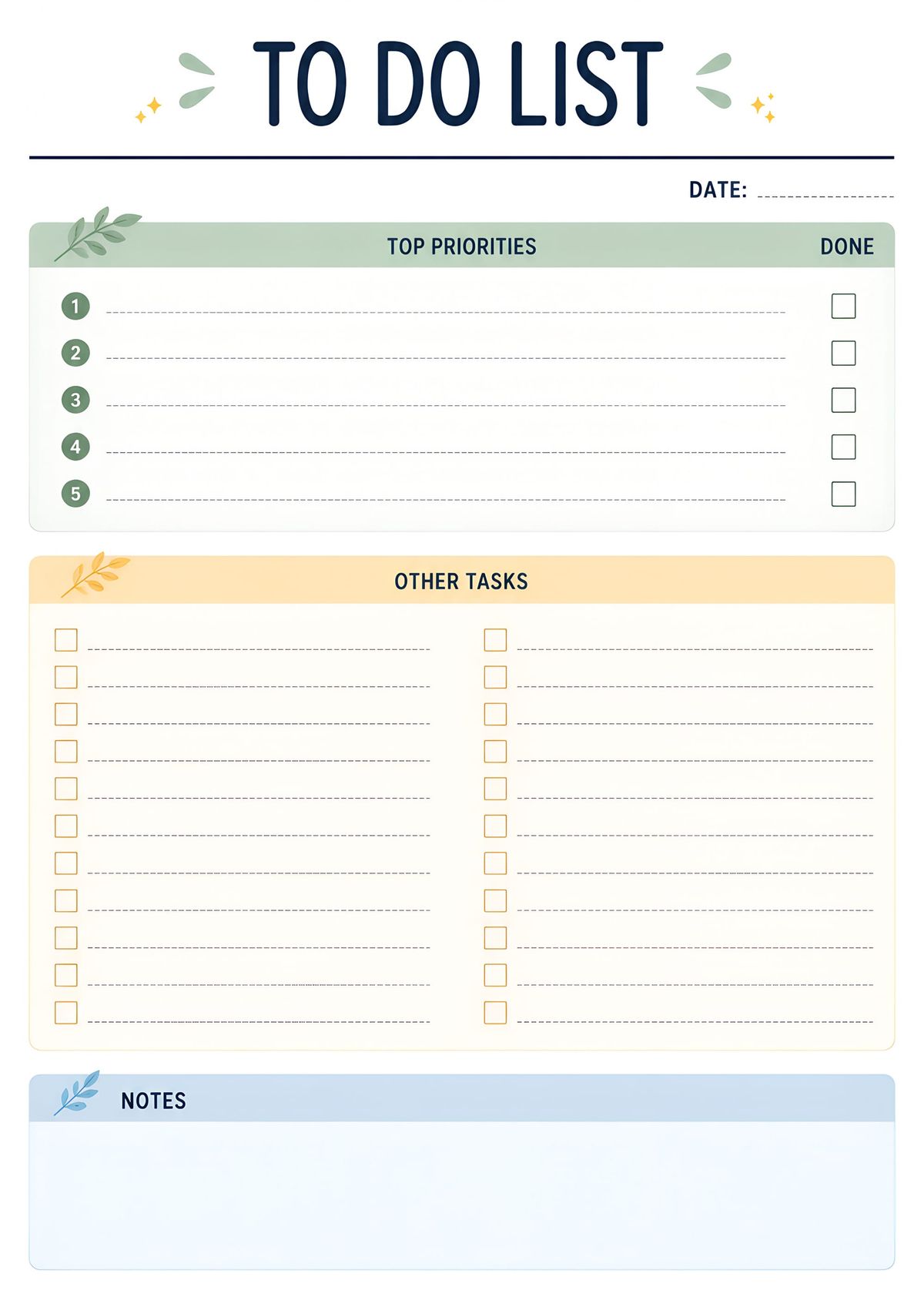 Minimal printable daily task organizer with priority list, task checklist, and notes section.