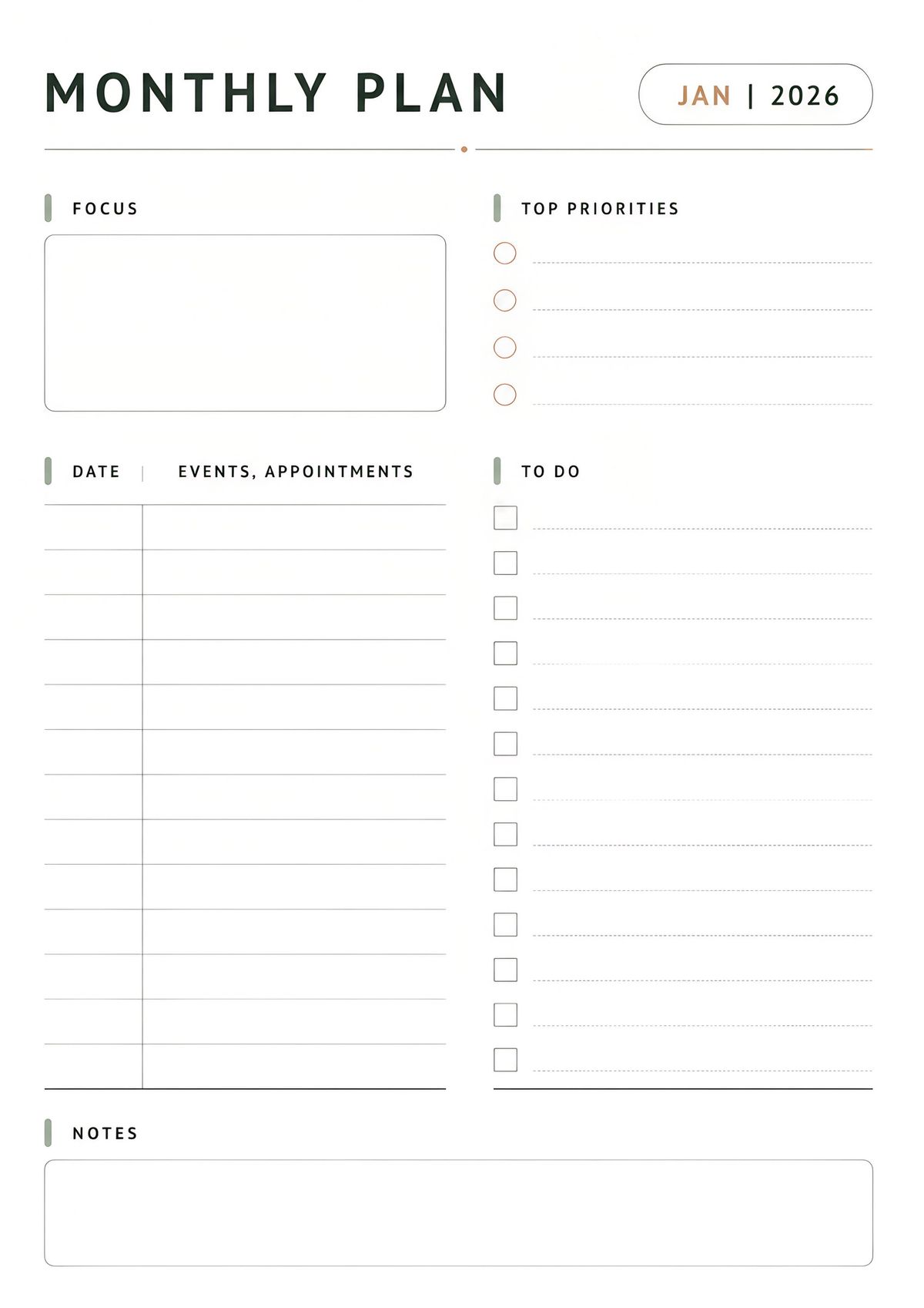 A clean monthly planner printable designed for organizing priorities, appointments, tasks, focus goals, and monthly notes.