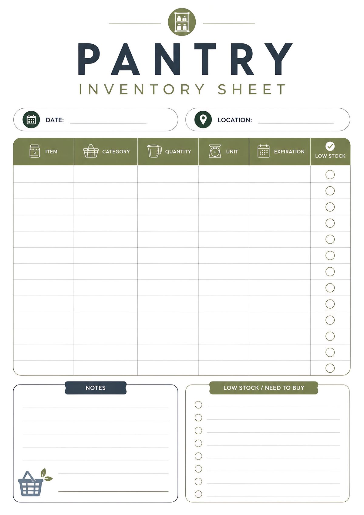 Printable minimal pantry inventory tracker with item categories, quantities, expiration dates, low stock checklist, notes, and grocery reminder section.