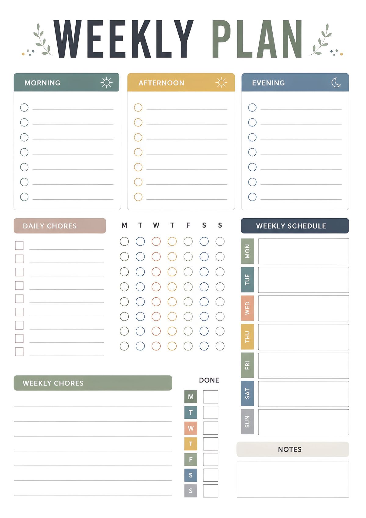 Minimal printable weekly planner with sections for morning, afternoon, evening routines, daily chores, weekly schedule, habit tracking, notes, and weekly goals.