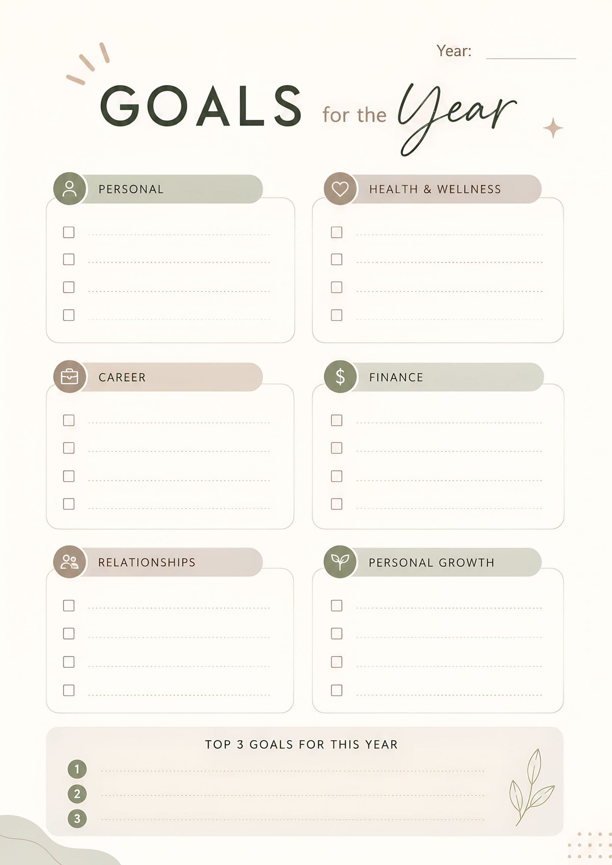 A clean yearly goals planner to organize priorities and track personal growth throughout the year.