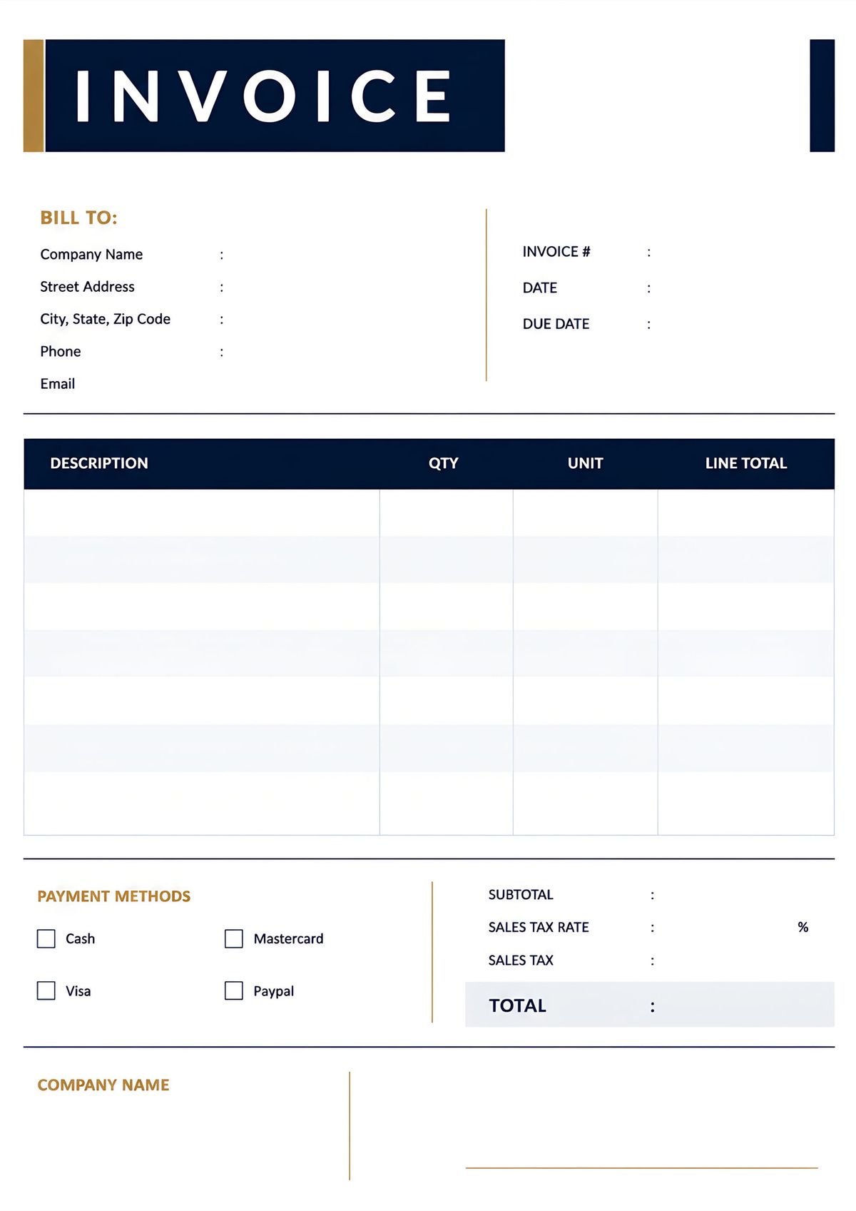 Modern printable sales invoice template featuring billing information, itemized invoice table, payment methods, tax calculation, and total summary.