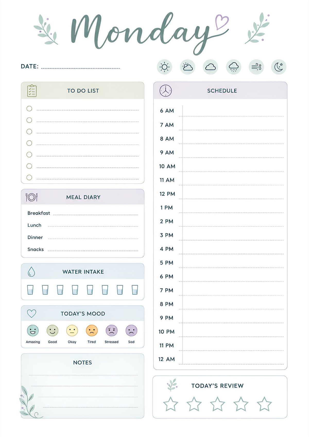 Printable Monday planner with hourly schedule, task list, meal planner, hydration tracker, mood tracker, notes, and daily review.