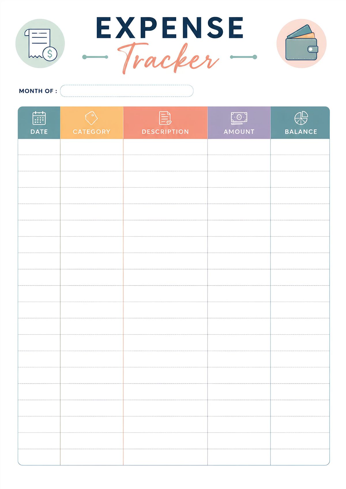A printable monthly expense tracker designed to organize spending, monitor balances, and improve money management.