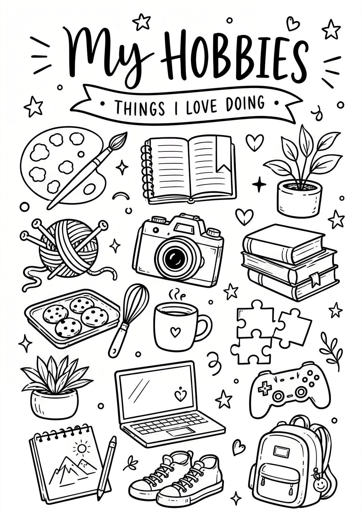 A printable hobbies coloring page with hand-drawn illustrations of creative activities for kids, students, and classroom fun.
