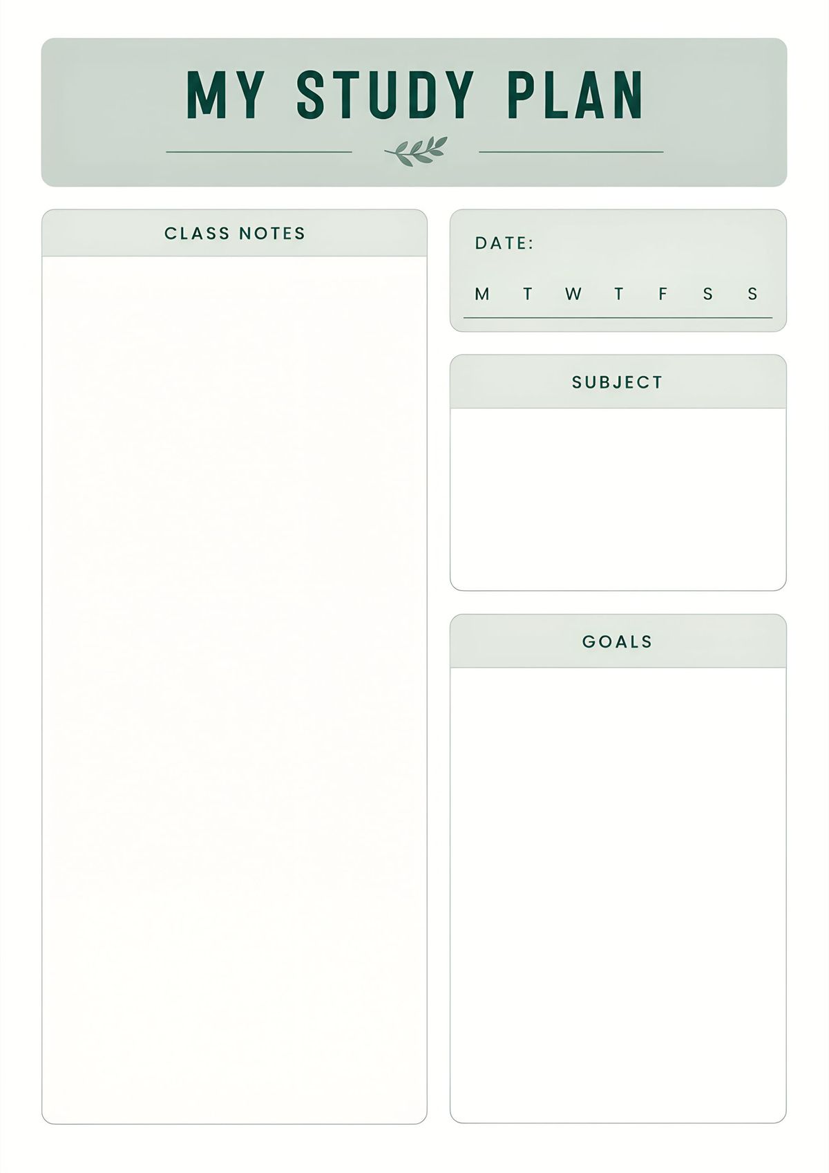 Printable personal study plan template featuring class notes, subject tracker, study goals, and date section.