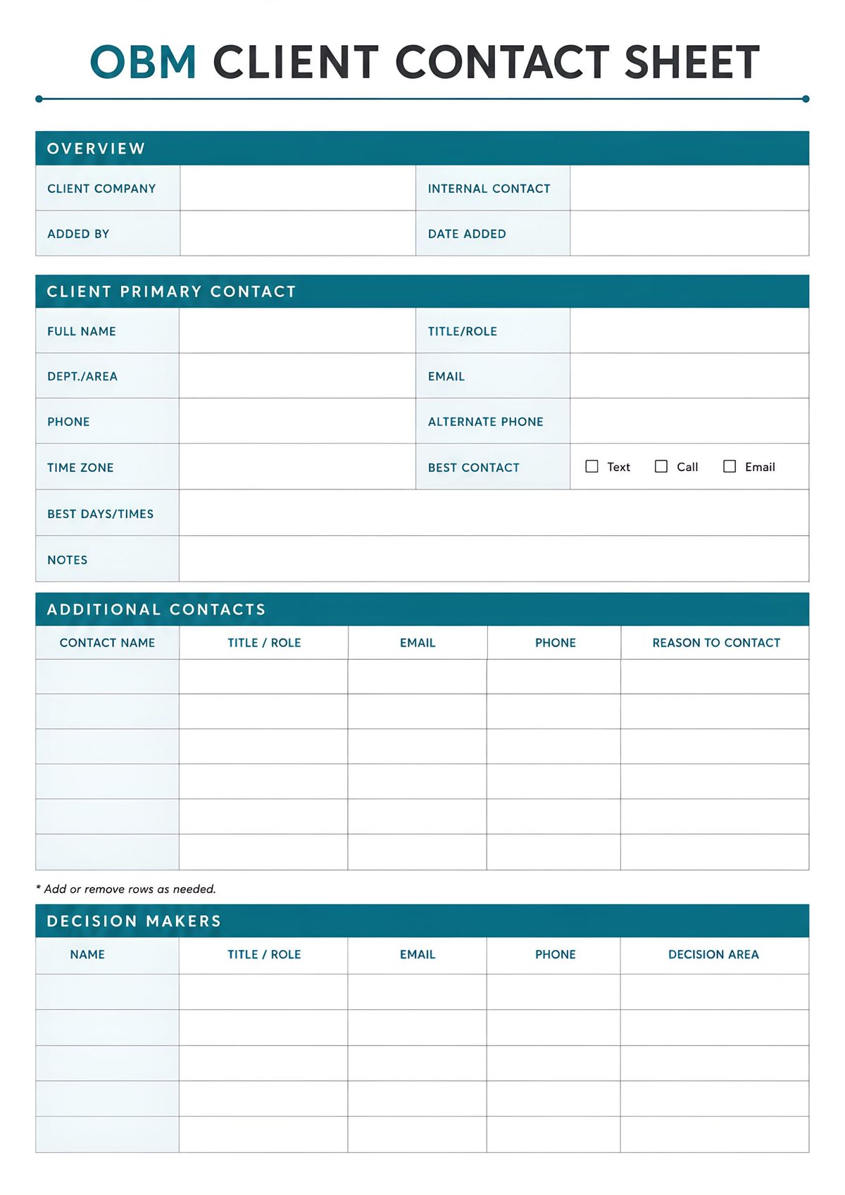 Printable OBM client contact sheet with sections for client overview, primary contact, additional contacts, and decision makers.