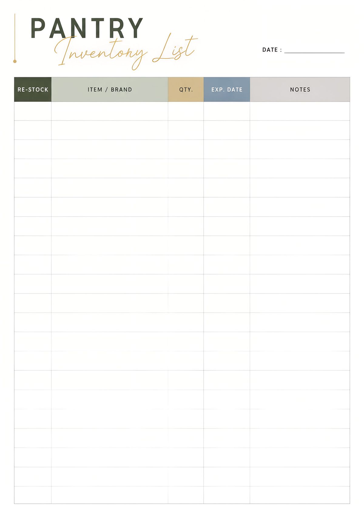 Printable pantry inventory log sheet with sections for items, quantity, expiration dates, restocking, and notes.