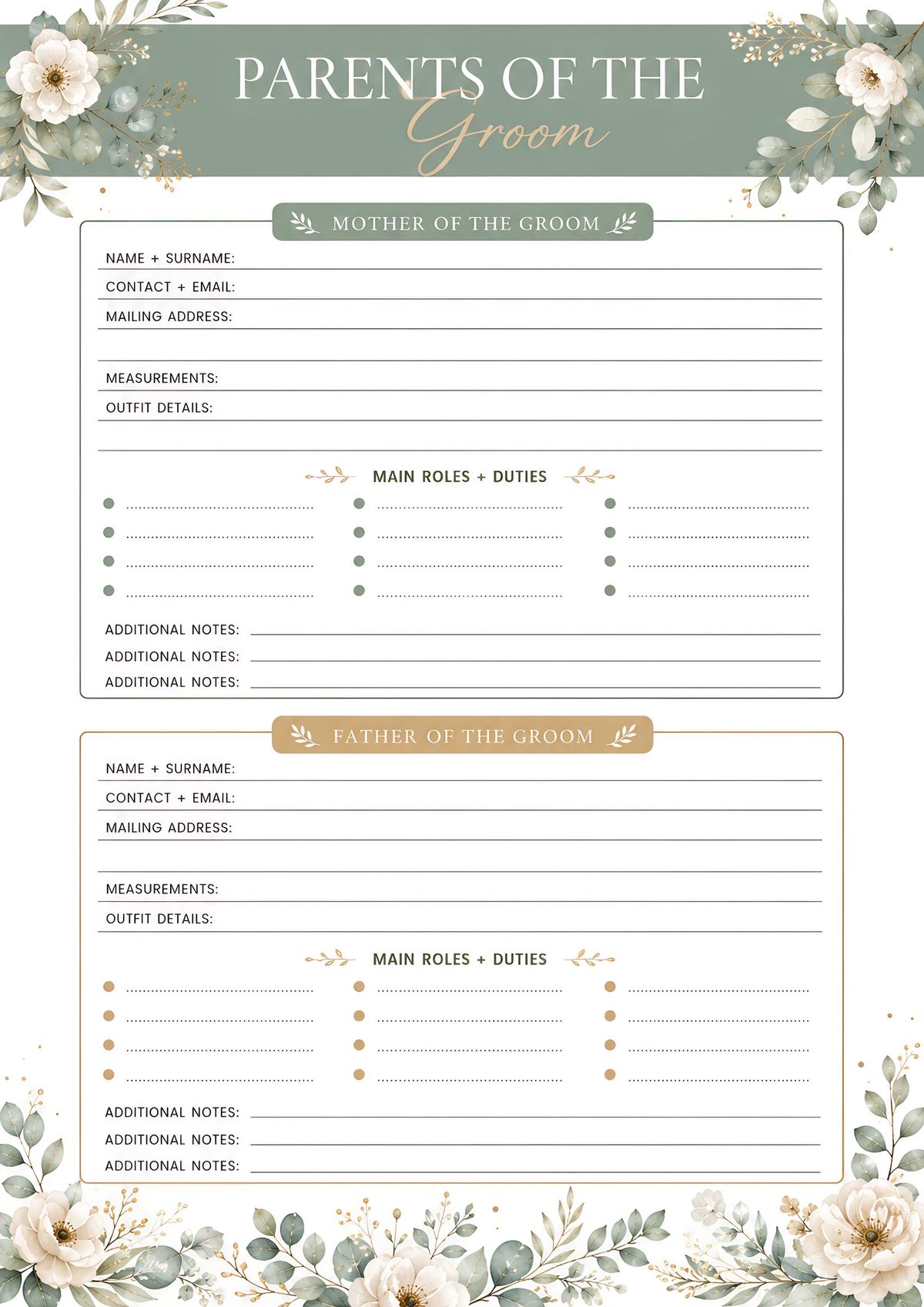 Printable parents of the groom wedding planner with contact details, outfit information, roles, duties, and notes sections.