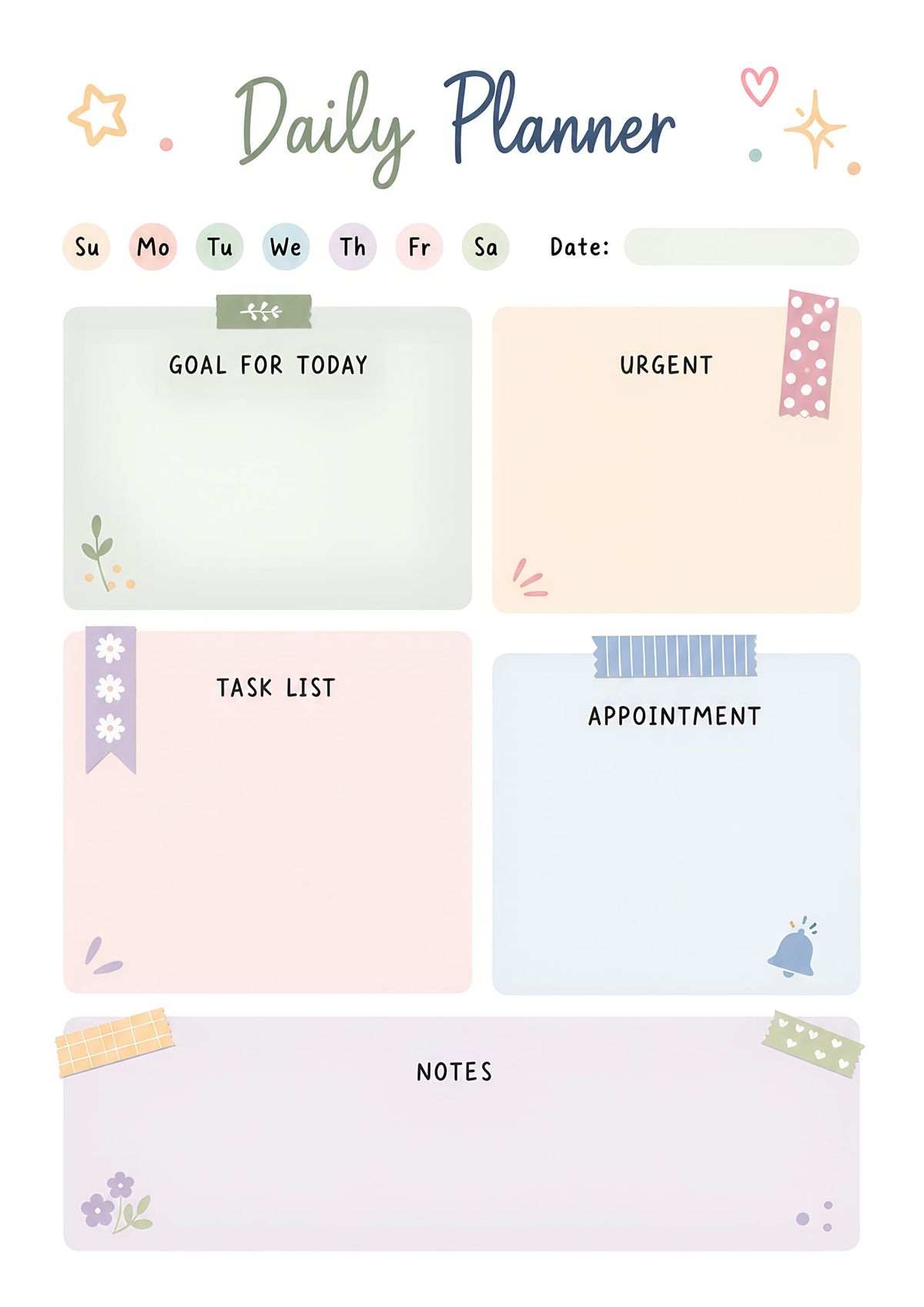 Pastel printable daily planner featuring goal, urgent tasks, appointments, task list, notes, date field, and weekday selector.
