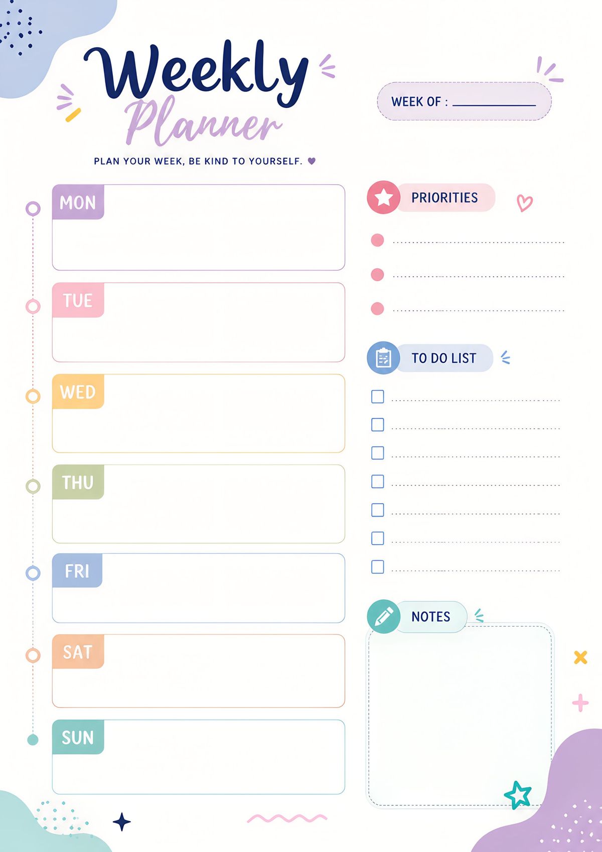 A colorful weekly planner printable for organizing daily tasks, priorities, and weekly goals.