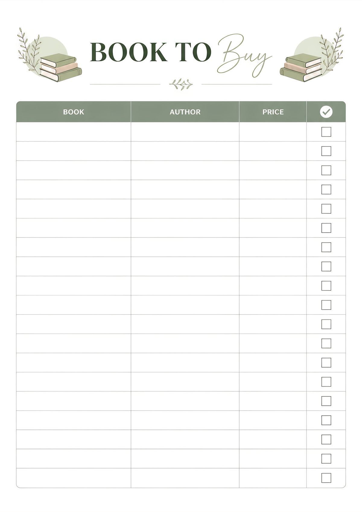 Printable books to buy wishlist tracker featuring columns for book title, author, price, and purchase checklist in a clean minimalist layout.