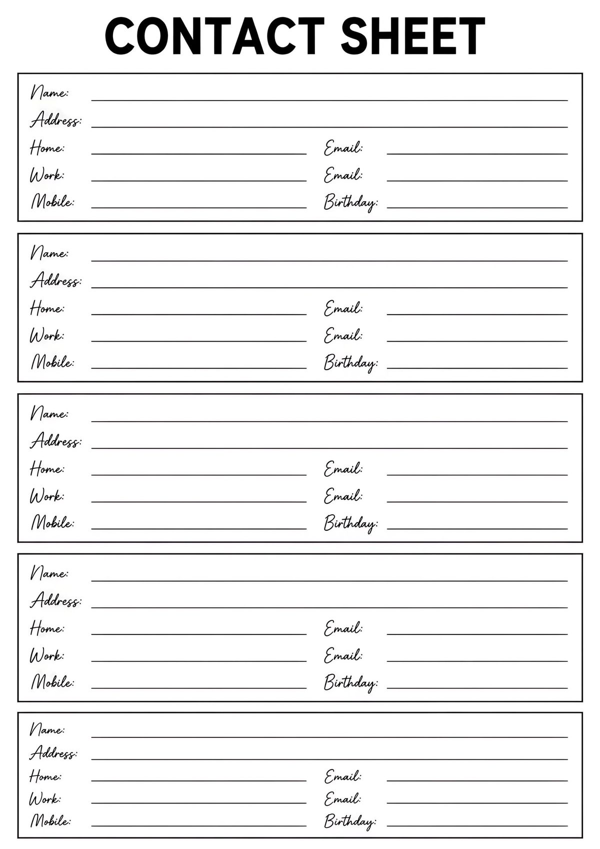 Printable contact information directory sheet with organized sections for names, addresses, home and work numbers, mobile phones, emails, and birthdays.