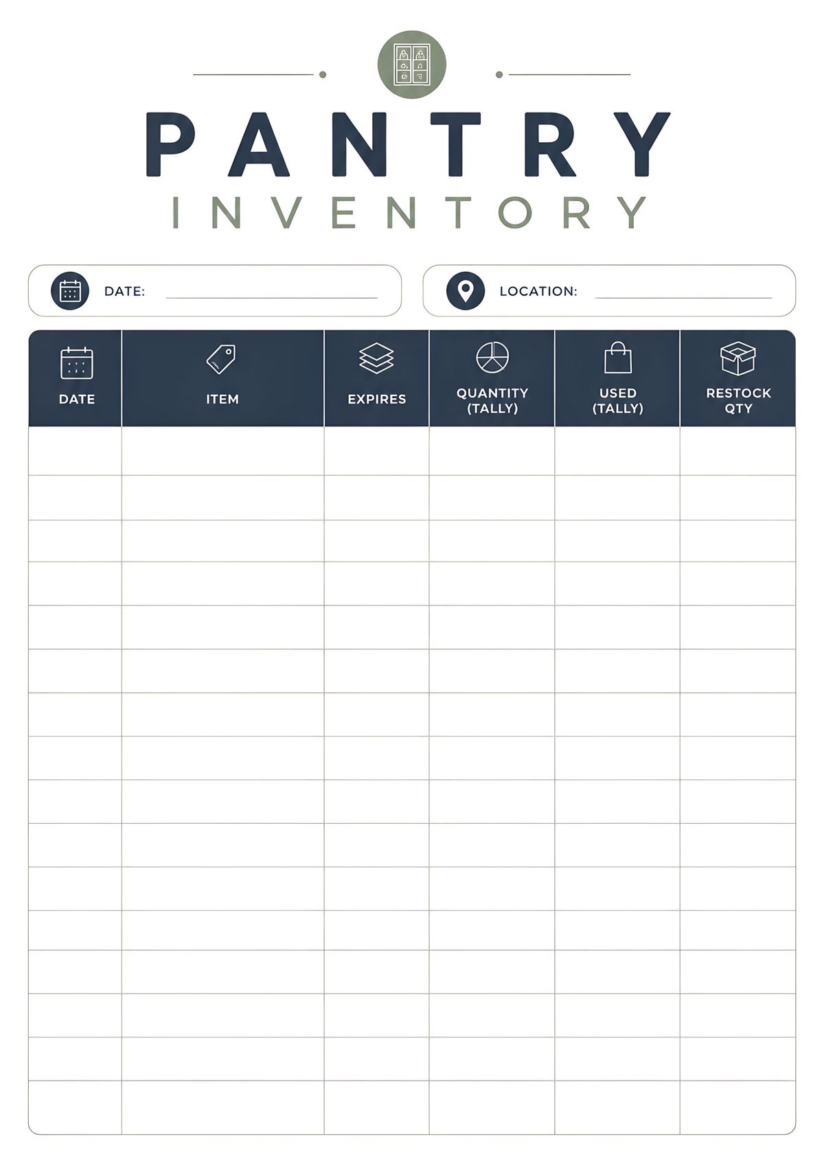 Printable pantry inventory tracker featuring sections for date, location, pantry items, expiration dates, quantity, usage tally, and restock quantity.