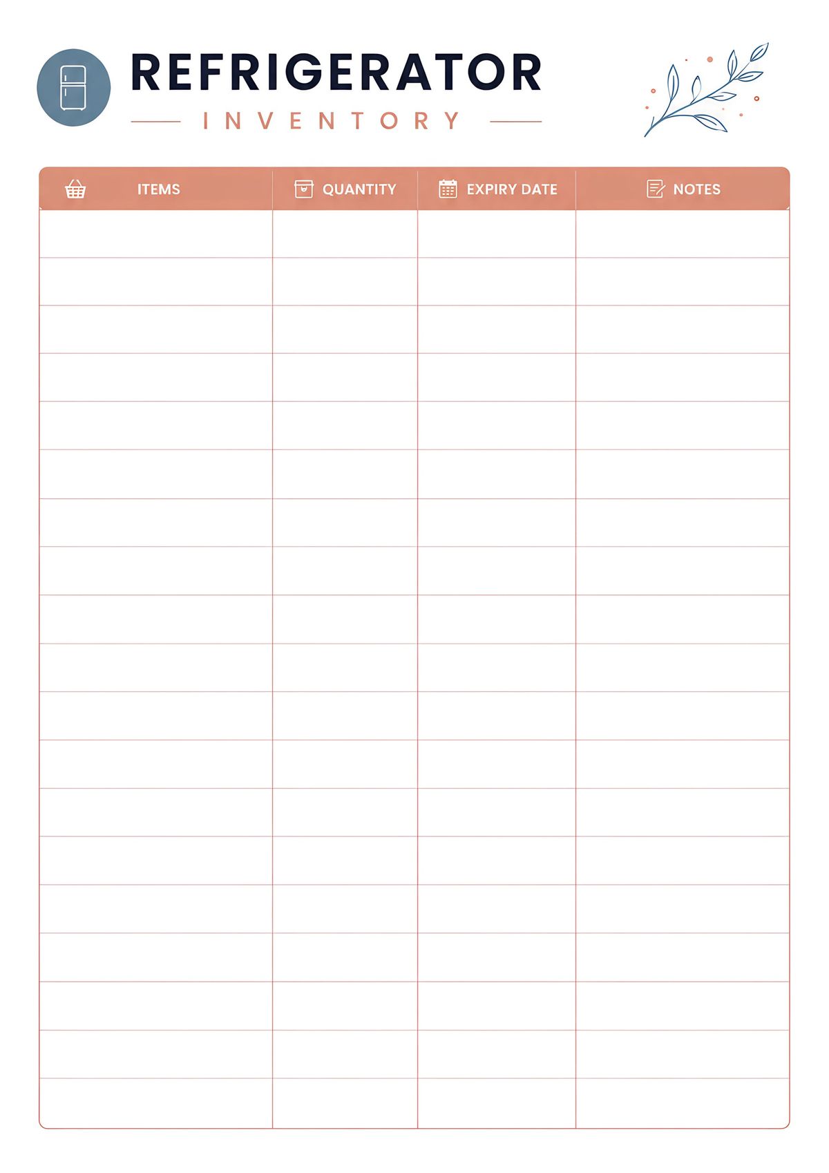 Printable refrigerator inventory tracker with sections for food items, quantity, expiration date, and notes for efficient kitchen organization.