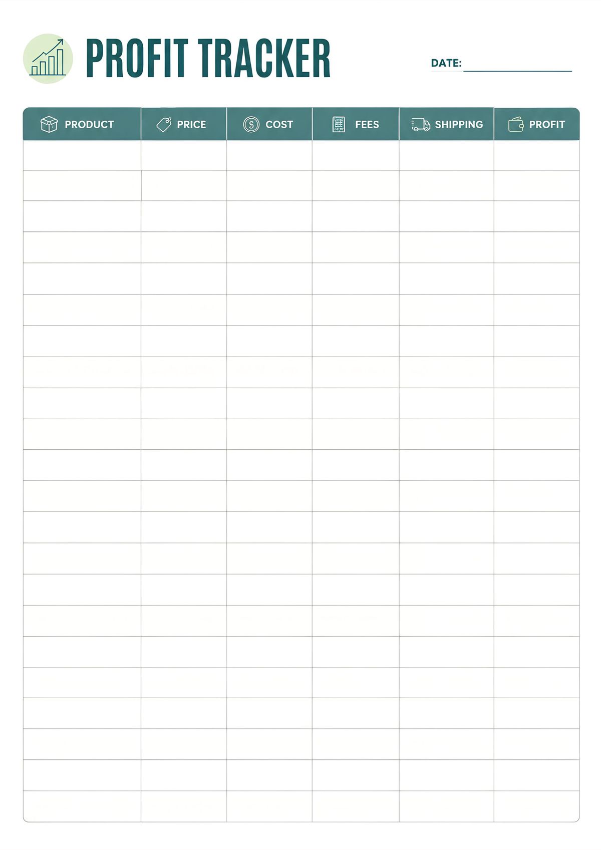Printable profit analysis tracking sheet with product, price, cost, fees, shipping, and profit columns.