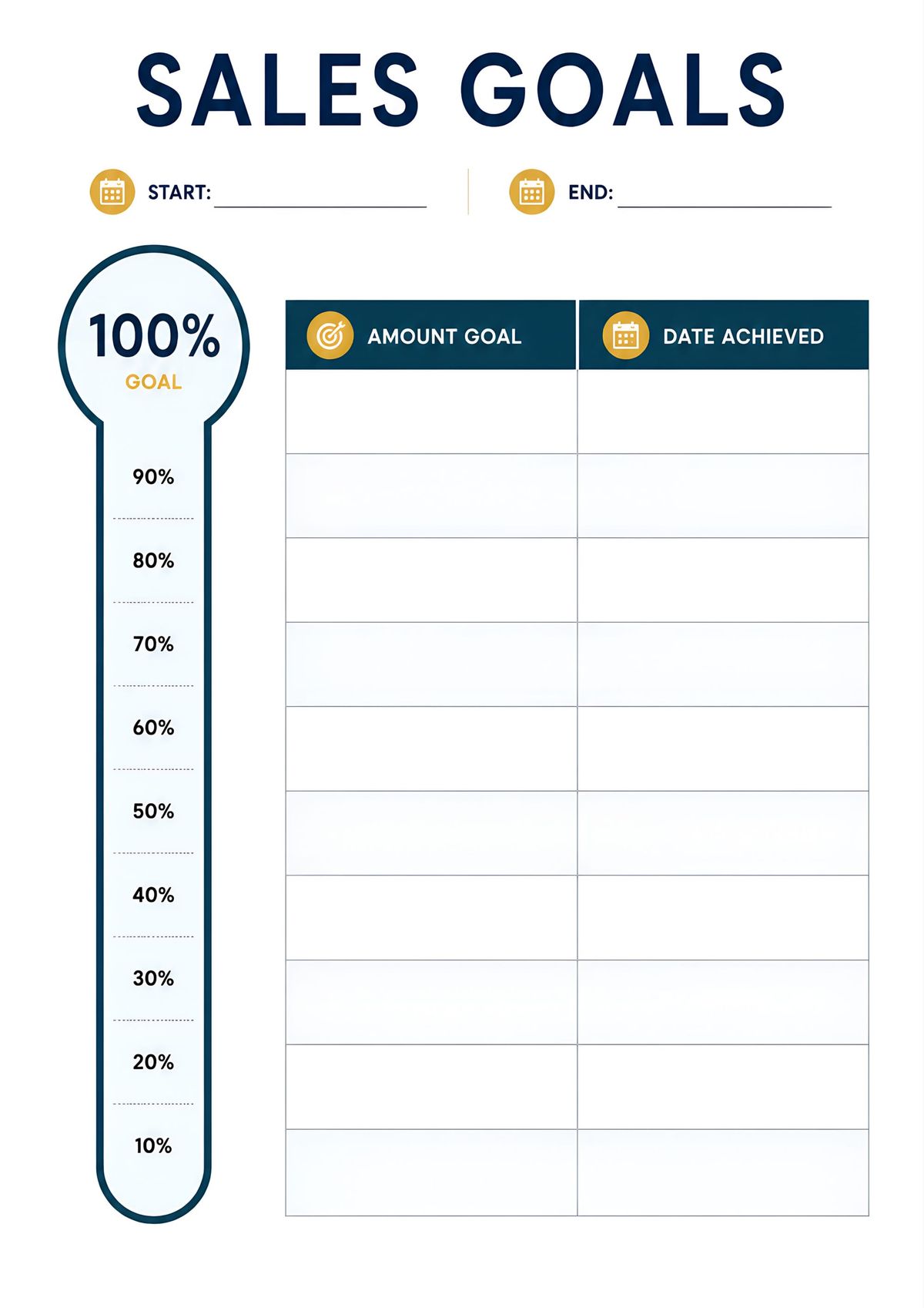 Printable revenue goal planning sheet with progress tracker, financial milestones, amount goals, and achievement dates.