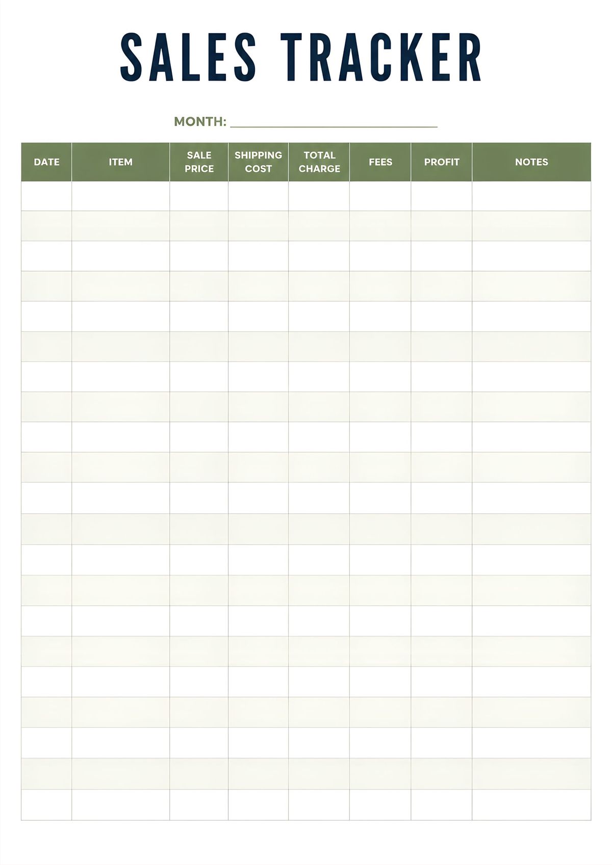 Printable sales tracker template with columns for date, item, sale price, shipping cost, total charge, fees, profit, and notes to organize business sales.